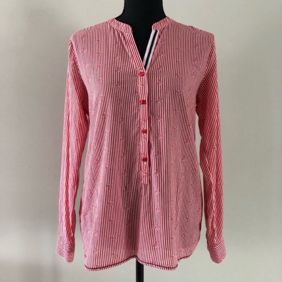 Womens Milano Stripped Red Anchor Nautical V neck button up blouse size 36 - Picture 1 of 14